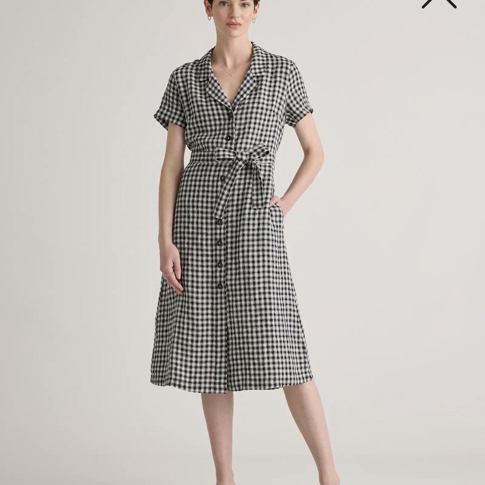 Quince 100% Linen Black and White Gingham Button-Up Dress XS NWT